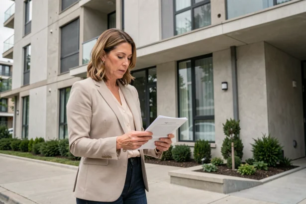 Femme consultant des documents devant une résidence en copropriété pour vérifier l'état de l'immeuble