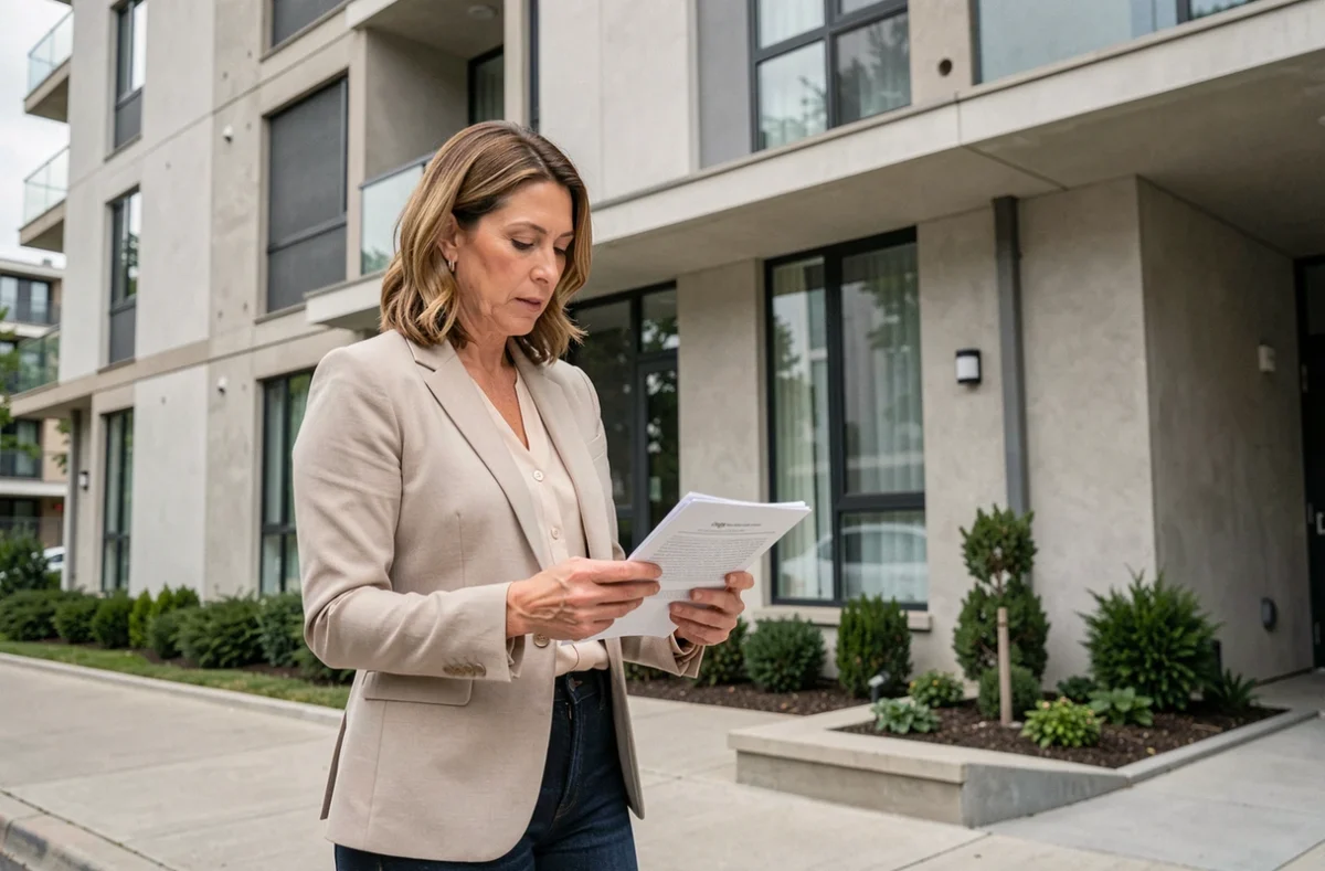 Femme consultant des documents devant une résidence en copropriété pour vérifier l'état de l'immeuble