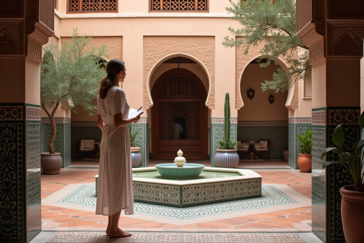 Femme visitant le patio intérieur d'une villa indépendante de style riad à Marrakech avec fontaine en mosaïque