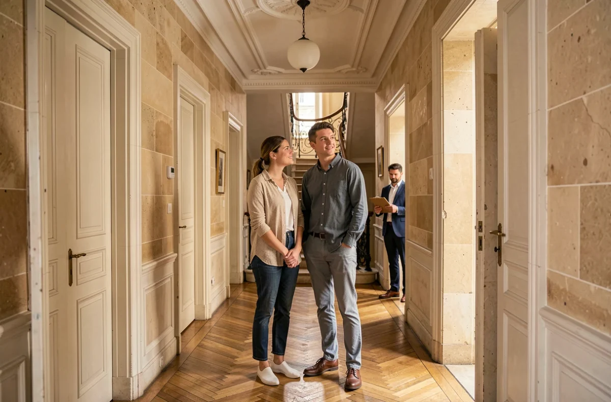 Couple de locataires visitant un appartement haussmannien à Lyon lors d'une visite immobilière ciblée