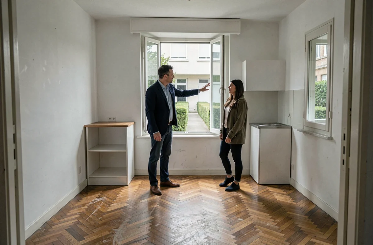 Agent immobilier faisant visiter un appartement abordable à rénover en Seine-Saint-Denis à un jeune couple