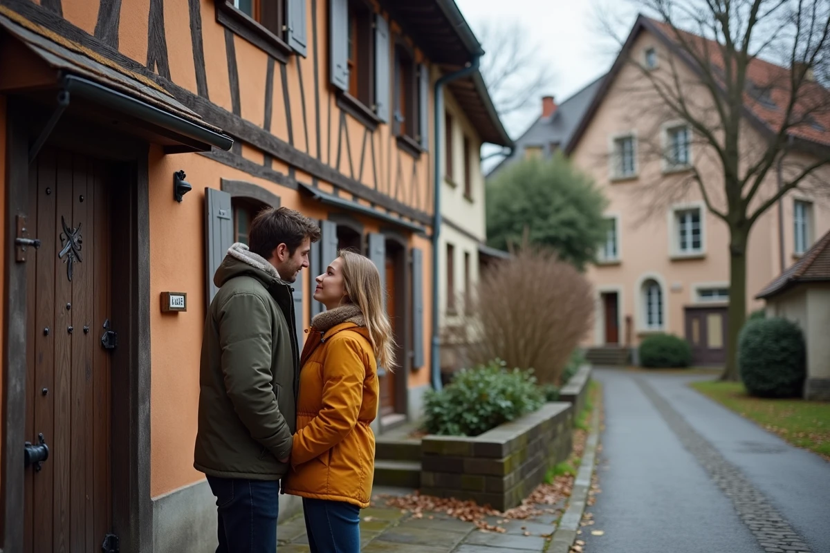 Couple visitant une maison alsacienne à louer dans le Bas-Rhin avec panneau À Louer visible