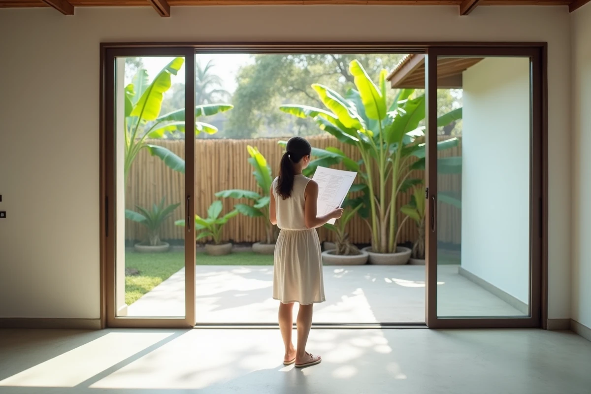 Femme expatriée en visite d'une maison à vendre en Thaïlande adaptée au télétravail