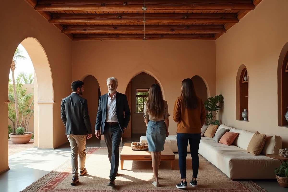 Agent immobilier présentant une villa rénovée à des acheteurs expatriés à Marrakech, avec décor traditionnel marocain