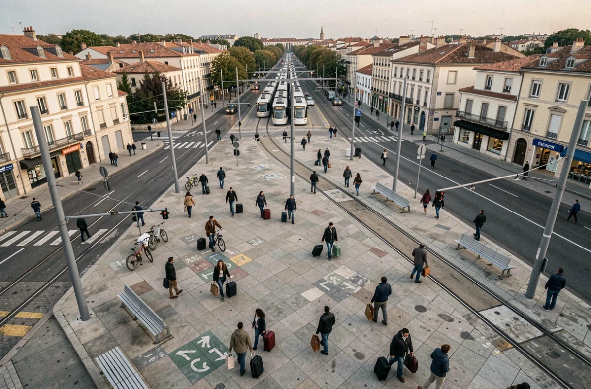 Vue aérienne d'un carrefour de tramway animé à Montpellier au crépuscule avec des voyageurs