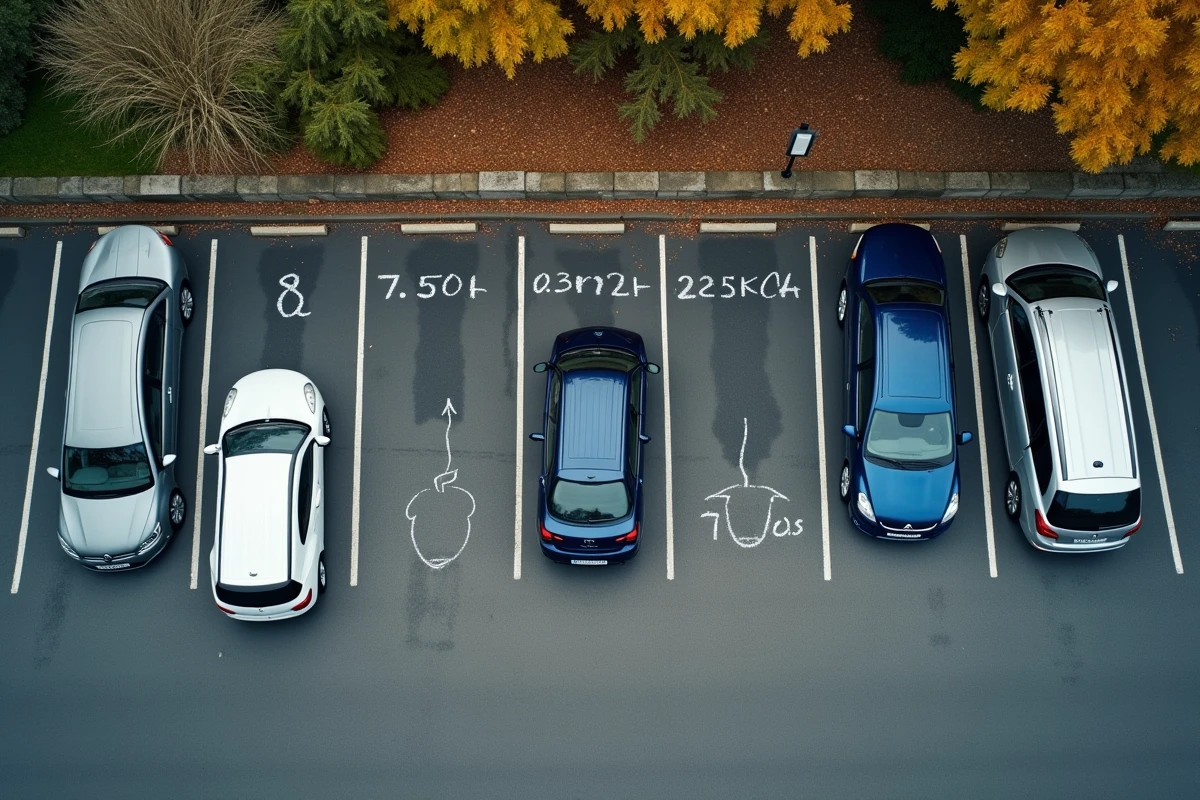 Vue aérienne d'un parking urbain extérieur avec annotations des dimensions des places matérialisées à la craie blanche sur le bitume