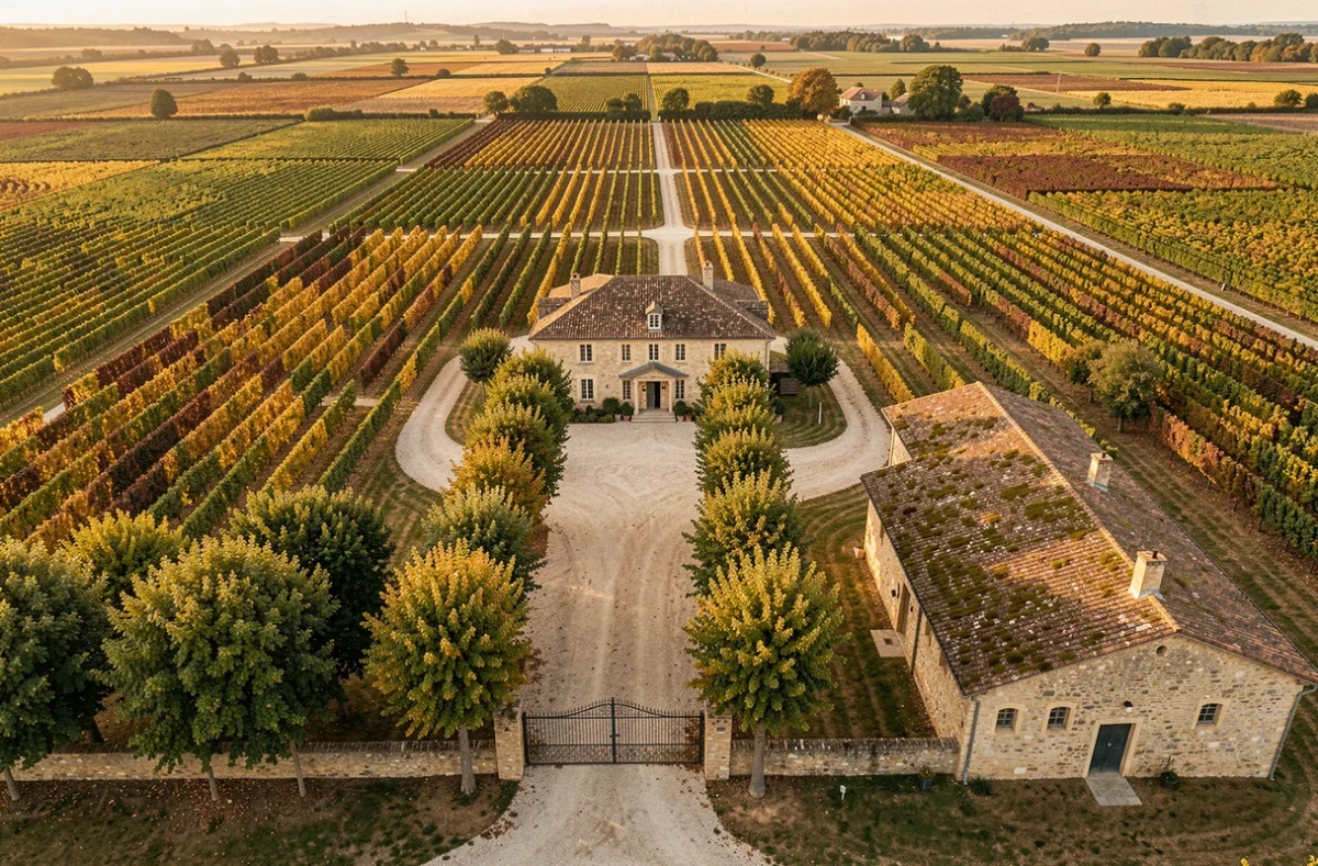 Vue aérienne d'une propriété viticole à vendre dans le Bordelais avec château et parcelles de vignes